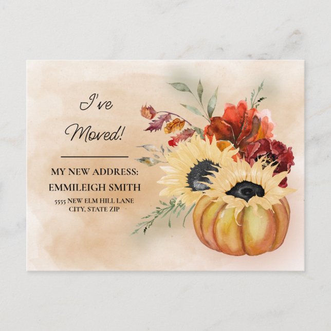 Postal Anuncio de Mudanza Flores de Calabaza Otoño (Anverso)