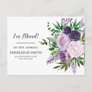 Postal Anuncio de Mudanza Flores Purpura Blancas 