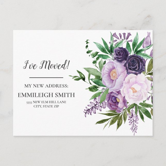 Postal Anuncio de Mudanza Flores Purpura Blancas  (Anverso)