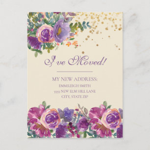 Postal Anuncio de Mudanza Flores Purpura Rosadas Brillant