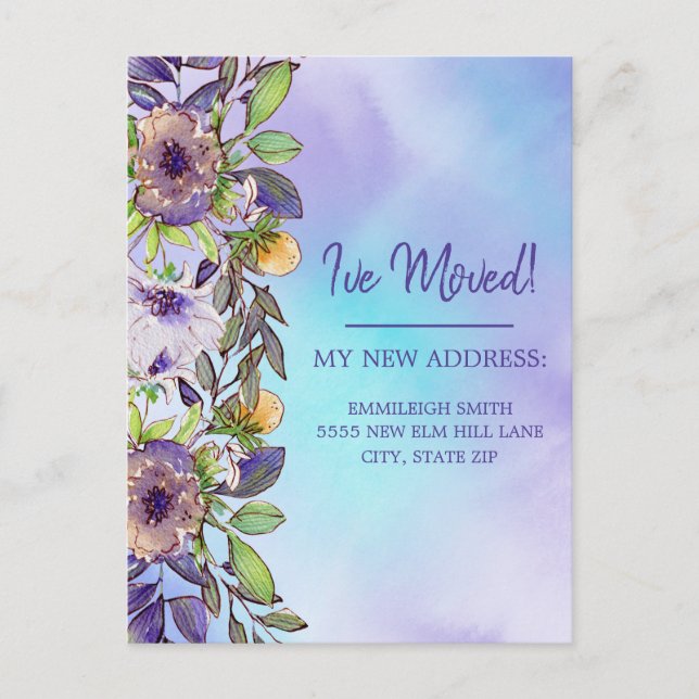 Postal Anuncio de Mudanza Flores Purpúreas Amarillas (Anverso)