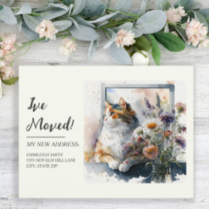 Postal Anuncio de Mudanza Gato Calico Margaritas Lavanda