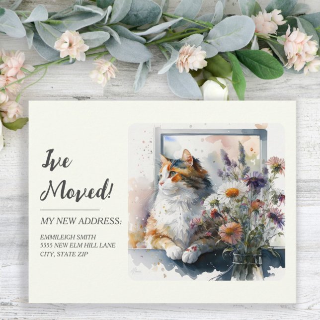 Postal Anuncio de Mudanza Gato Calico Margaritas Lavanda (Subido por el creador)
