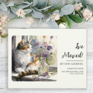 Postal Anuncio de Mudanza Gato Calico Ventana
