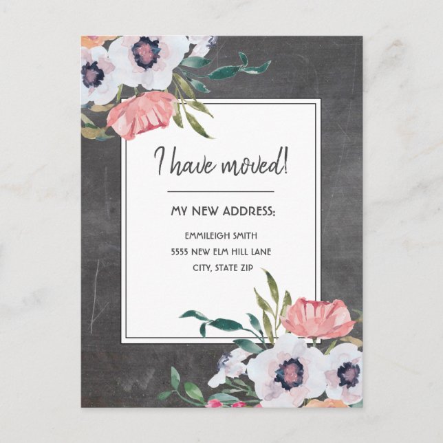 Postal Anuncio de Mudanza Pizarra Rosa Floral Blanco (Anverso)