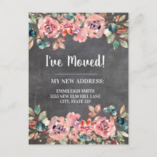 Postal Anuncio de Mudanza Pizarra Vintage Floral Rosa