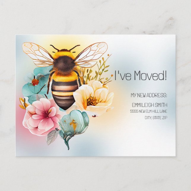 Postal Anuncio de Mudanza Primavera Aquarela Floral Abeja (Anverso)