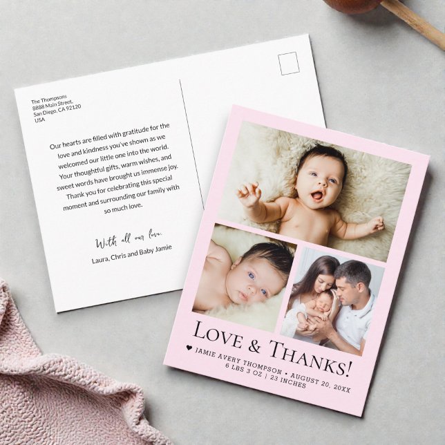 Postal Anuncio de nacimiento con foto de bebé con amor y  (Pink Love and thanks photo collage baby shower girl thank you postcard.)
