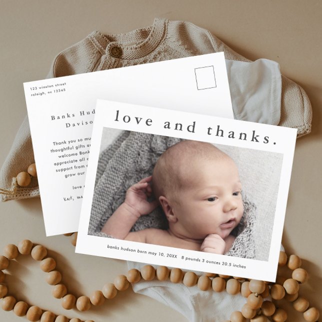 Postal Anuncio de nacimiento con foto de bebé con amor y  (Simple Photo Baby Thank You Postcard and Birth Announcement.)