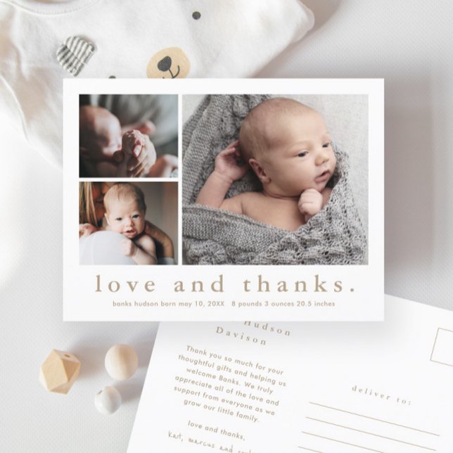 Postal Anuncio de nacimiento con foto de bebé de amor y a (Simple typography love and thanks 3 photo collage baby neutral thank you card birth announcement.)
