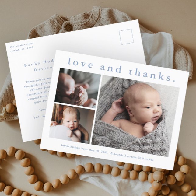 Postal Anuncio de nacimiento con foto de bebé de amor y a (Simple typography 3 photo collage birth announcement baby thank you postcard.)