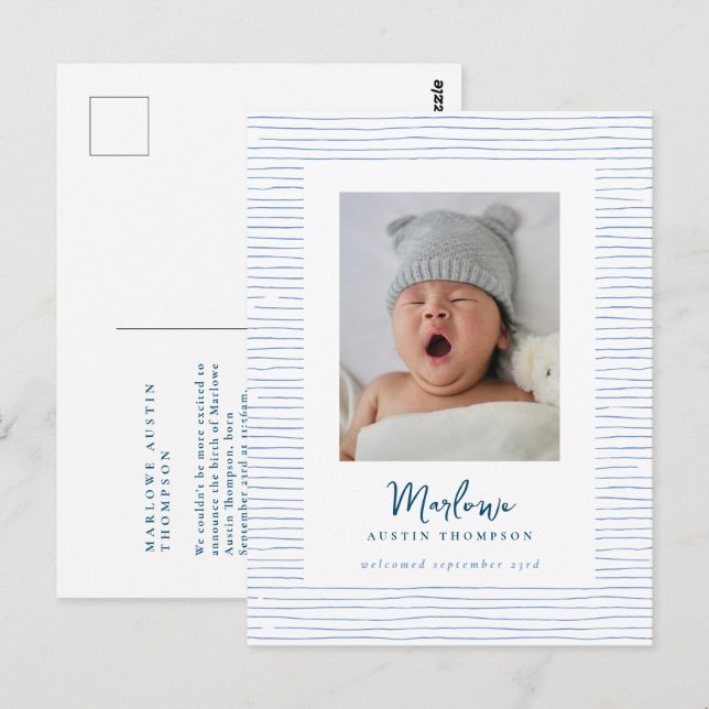 Postal Anuncio de nacimiento con rayas azules clásicas a  (Anverso / Reverso)
