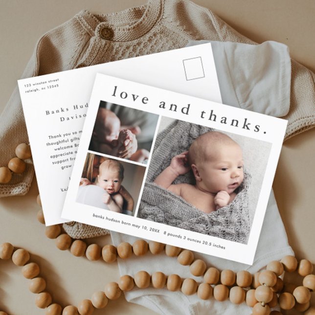 Postal Anuncio de nacimiento de amor y agradecimiento a b (Simple typography 3 photo collage birth announcement baby thank you postcard.)