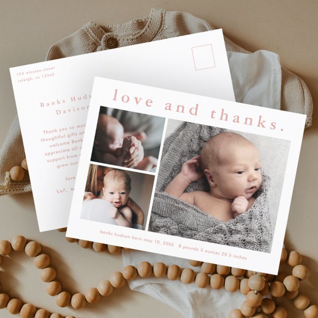 Postal Anuncio de nacimiento de amor y agradecimiento a b (Simple typography 3 photo collage birth announcement baby thank you postcard.)