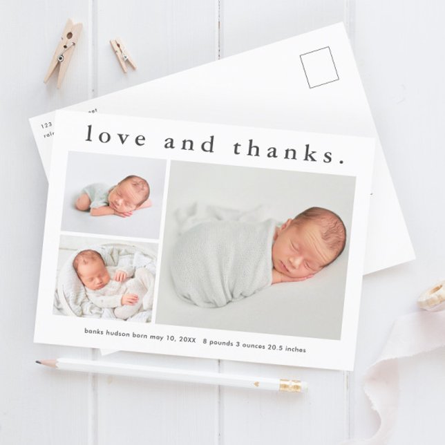 Postal Anuncio de nacimiento de amor y agradecimiento a b (Simple love and thanks 3 photo baby announcement thank you postcard.)