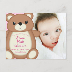 Postal Anuncio de nacimiento de bebé de oso rosa Teddy