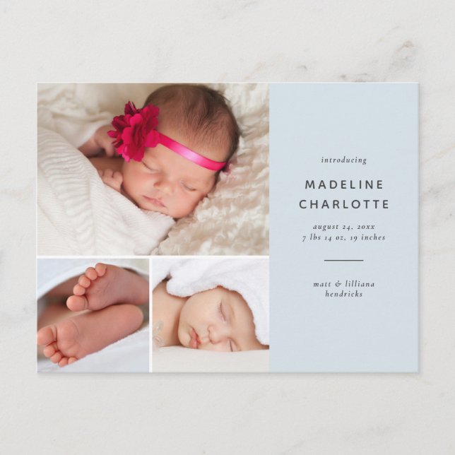 Postal Anuncio de nacimiento de bebé niño azul collage de (Anverso)