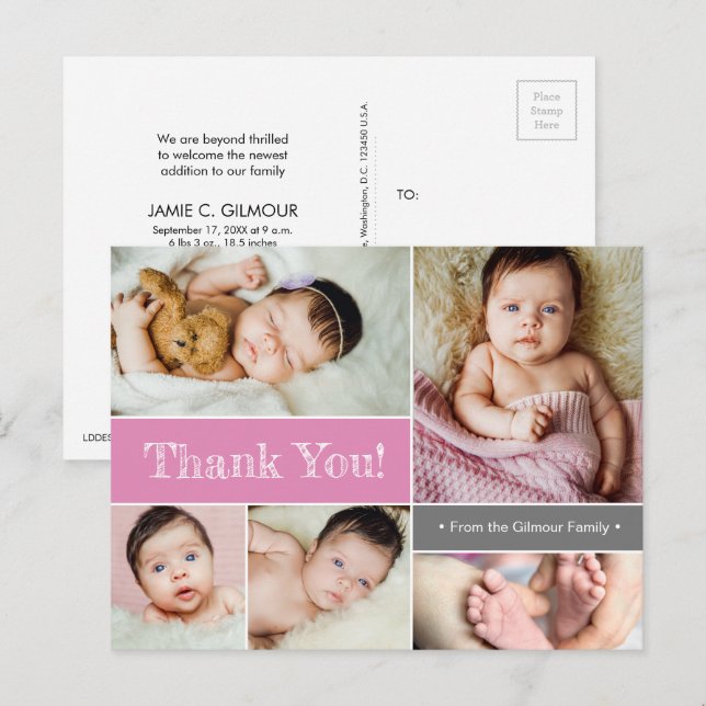 Postal Anuncio de nacimiento de bebé personalizado rosa G (Anverso / Reverso)