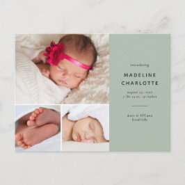 Postal Anuncio de nacimiento de Collage de fotos verde re