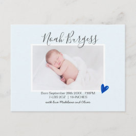 Postal Anuncio de nacimiento de corazón azul de nuevo beb