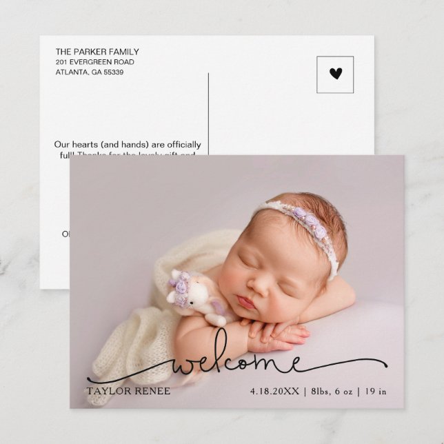 Postal Anuncio de Nacimiento de Foto de Bebé con Letra Mo (Anverso / Reverso)