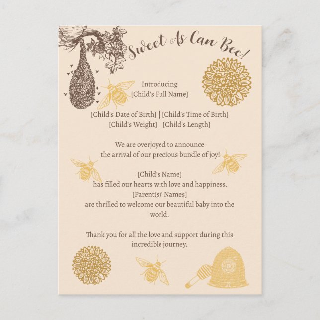Postal Anuncio de nacimiento de miel de abejorro (Anverso)