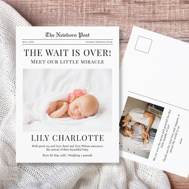 Postal Anuncio de nacimiento de periódico (Front and back of personalized Newspaper Birth Announcement Postcard in an elegant minimalist style)