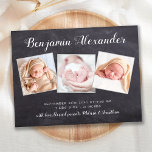 Postal Anuncio de nacimiento de recién nacido Chalkboard<br><div class="desc">Anuncie su recién nacido a amigos y familiares con estas rústicas tarjetas de anuncios de pizarra de pizarra, divertidas y modernas fotos. Personalizar con 3 de tus fotos favoritas, y personaliza con nombre, fecha de nacimiento, estadísticas de nacimiento. DERECHOS RESERVADOS © 2020 Judy Burrows, Black Dog Art - Todos los...</div>