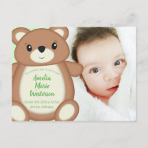 Anuncio de nacimiento del oso de peluche verde