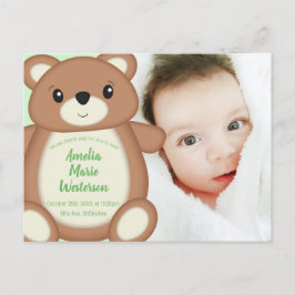 Postal Anuncio de nacimiento del oso de peluche verde