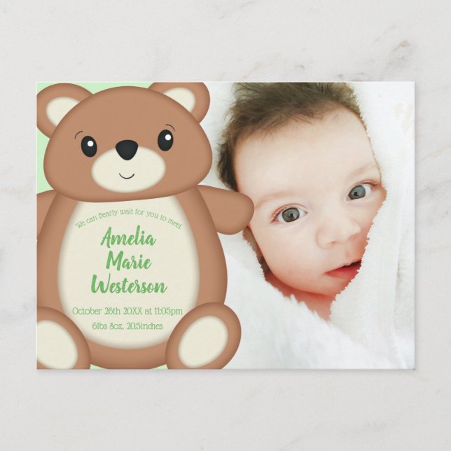 Postal Anuncio de nacimiento del oso de peluche verde (Anverso)