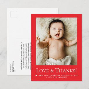 Postal Anuncio de nacimiento en rojo con foto de bebé Amo