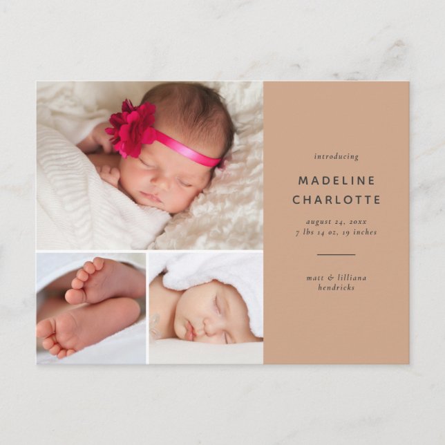 Postal Anuncio de nacimiento simple multifoto de Terracot (Anverso)