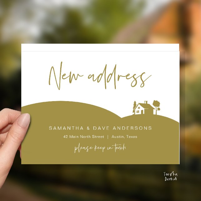 Postal Anuncio de Nueva Dirección, Casita (New Home Address Announcement, Little House Postcard in yellow gold)