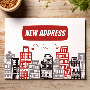 Postal Anuncio de nueva dirección de rojo y negro