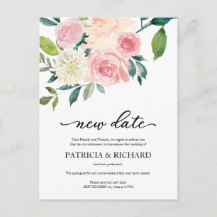 Postal Anuncio de nueva fecha para la boda floral rosada 