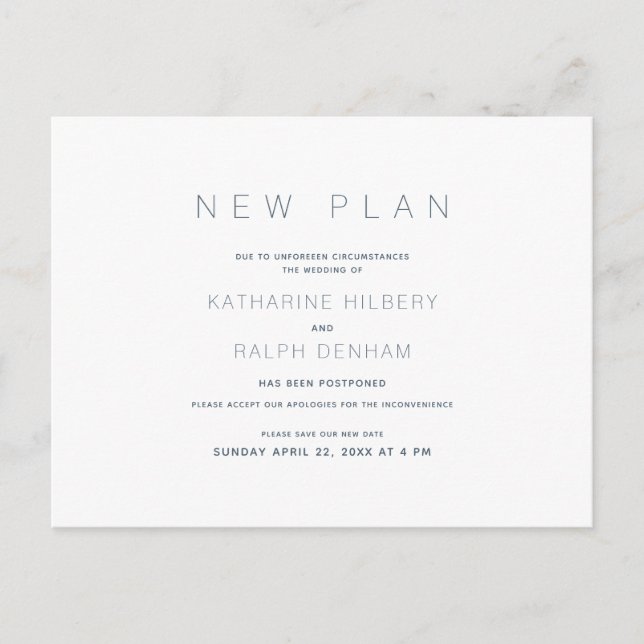 Postal Anuncio de nuevo plan de boda blanco y azul marino (Anverso)