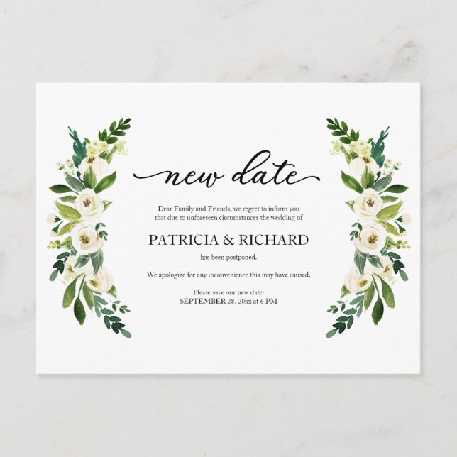 Postal Anuncio de posposición de boda con nueva fecha flo (Anverso)