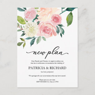 Postal Anuncio de Posposición de Boda Floral Blush Nuevo 