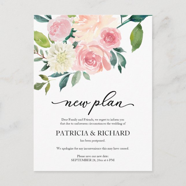 Postal Anuncio de Posposición de Boda Floral Blush Nuevo  (Anverso)