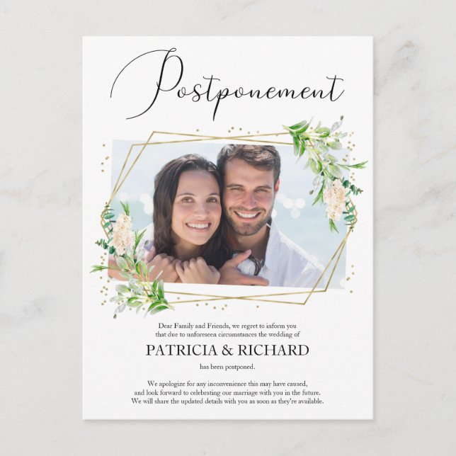 Postal Anuncio de retraso de boda con foto de vegetación (Anverso)
