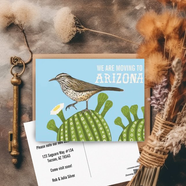 Postal ANUNCIO DE TRASLADO Cenicienta Saguaro de Arizona  (Arizona moving announcement postcard with cactus wren and saguaro cactus illustration. Customizable!)
