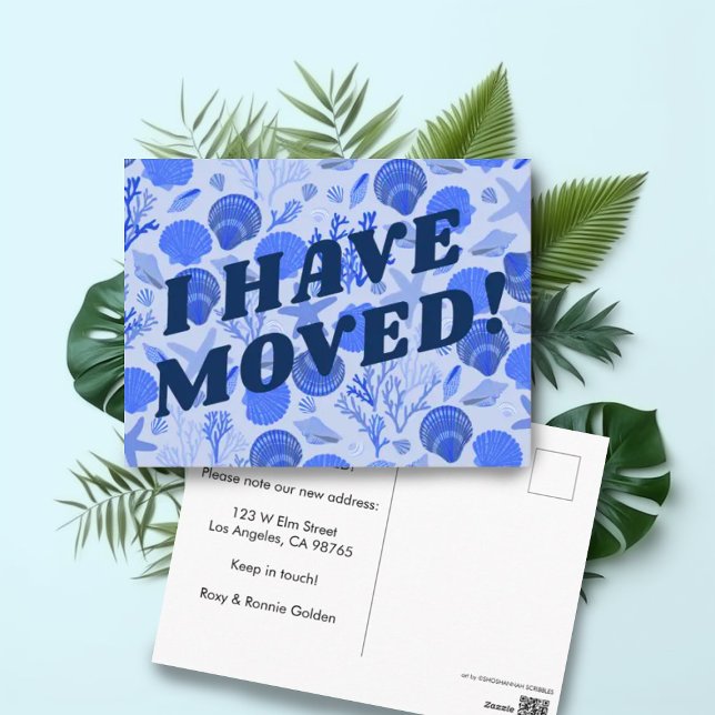 Postal ANUNCIO DE TRASLADO Conchas de mar azules (Blue seashells pattern customizable Moving Relocation Address Change postcard)
