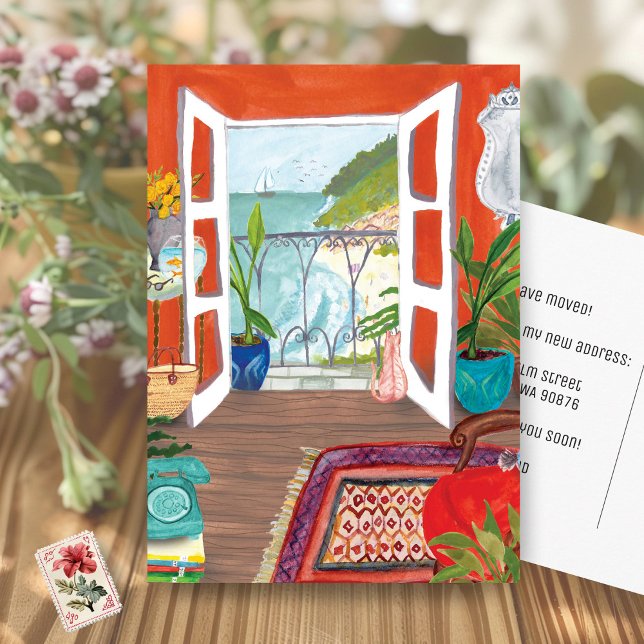 Postal ANUNCIO DE TRASLADO Dirección Nueva Personalizada  (MOVING ANNOUNCEMENT Custom New Address Watercolor Living Room Cute Postcard
)