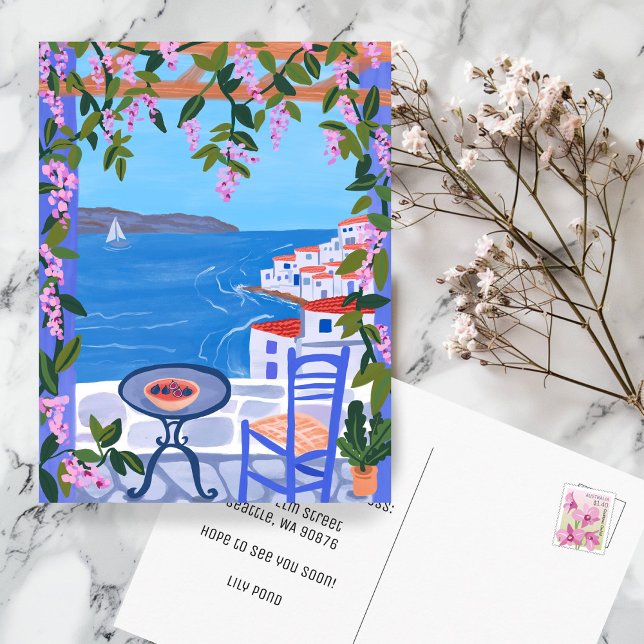 Postal ANUNCIO DE TRASLADO Nueva casa Terraza de la Isla  (MOVING ANNOUNCEMENT New Home Address Island Terrace Sea Views Greek Greece Postcard
)
