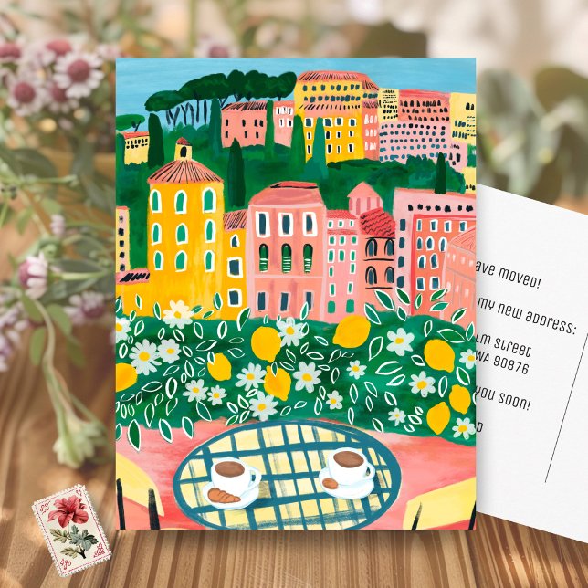 Postal ANUNCIO DE TRASLADO Nueva Dirección de Apartamento (MOVING ANNOUNCEMENT New Apartment Address Balcony Art Painting Cityscape Flowers Postcard
)