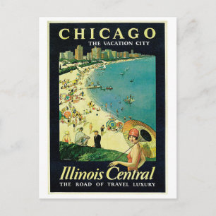 Postal anuncio de viaje a la playa de Chicago de los años