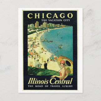 Postal anuncio de viaje a la playa de Chicago de los años