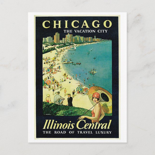 Postal anuncio de viaje a la playa de Chicago de los años (Anverso)