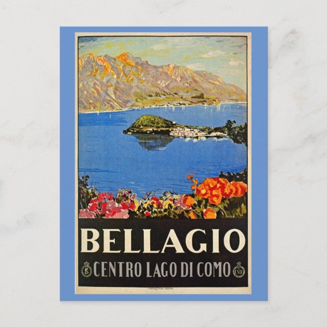 Postal Anuncio de viaje italiano Bellagio de los años 20 (Anverso)